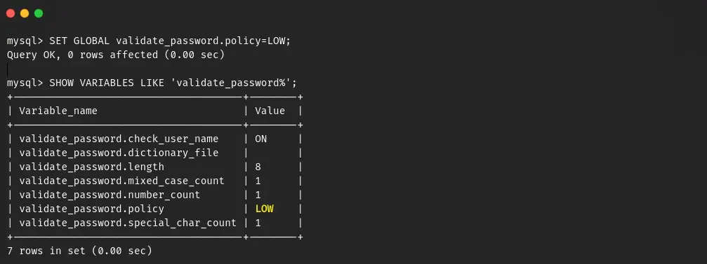 Set password policy level to low