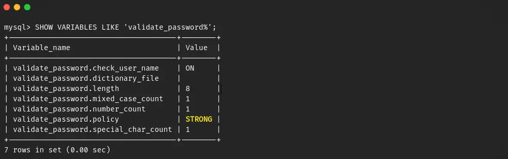 Show Password validation level in mysql