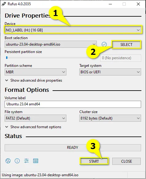 Create bootable USB for Linux using Rufus: Click on Start to create Bootable USB Drive