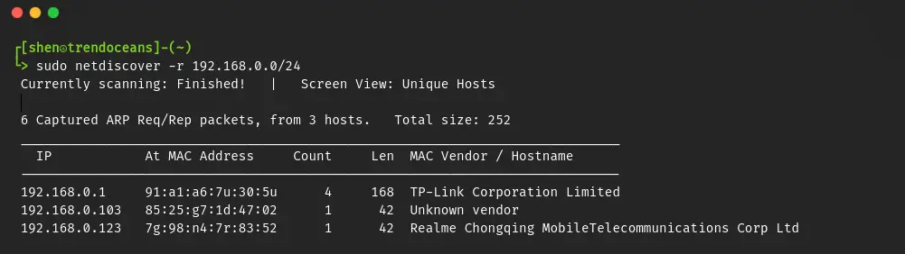 List all ip addresses on network: netdiscover command result