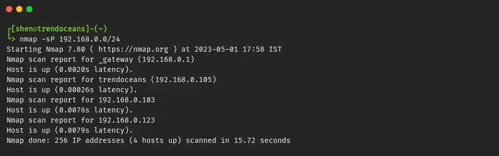 List all ip addresses on network: nmap command result
