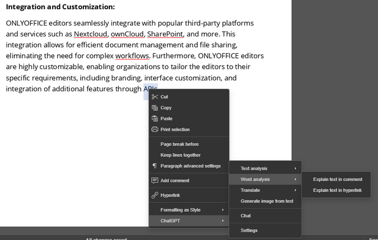 ChatGPT plugin features in ONLYOFFICE