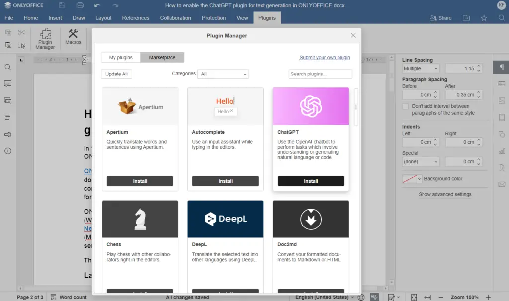 Enable ChatGPT using ONLYOFFICE Plugin Manager