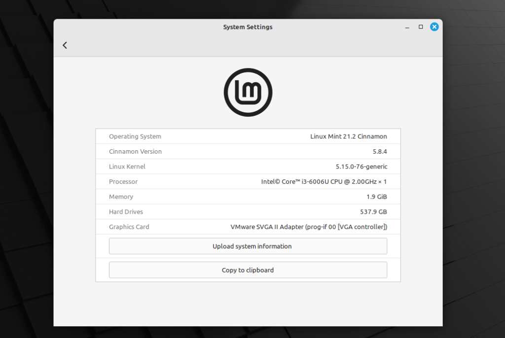 Linux Mint system information after update