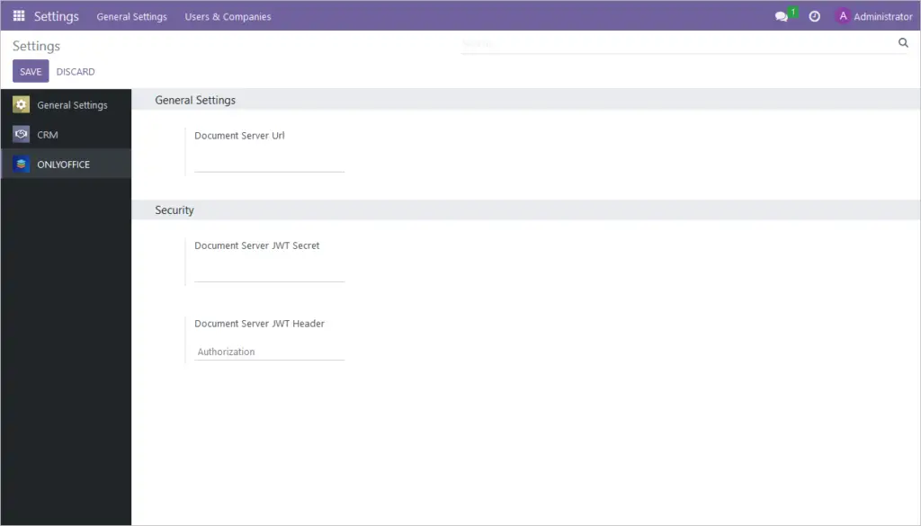 ONLYOFFICE settings in Odoo