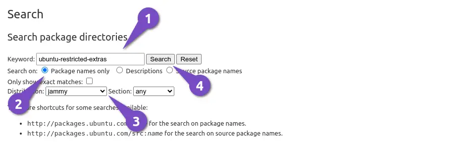 Search for package in Ubuntu Package Webpage